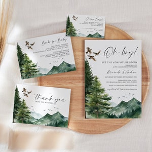 Oh Junge Abenteuer Babyparty Einladung Set | EDITIERBARE Wald Thema Baby Sprinkle Vorlage | Vögel & Grün druckbare einladen