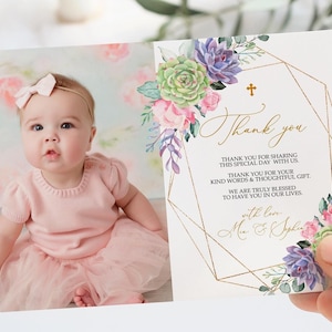 Merci pour photo de baptême floral succulent | Modèle MODIFIABLE | Boho imprimable Merci | Fille Première Communion | Baptême moderne