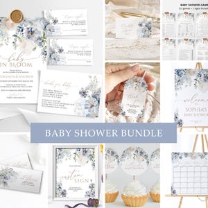 Baby in Blüte-Dusche-Einladung Bündel | EDITIERBARE Boho Dusty Blue Floral Vorlage | Elegante blaue Hortensien Einladung und Spiele zum Ausdrucken