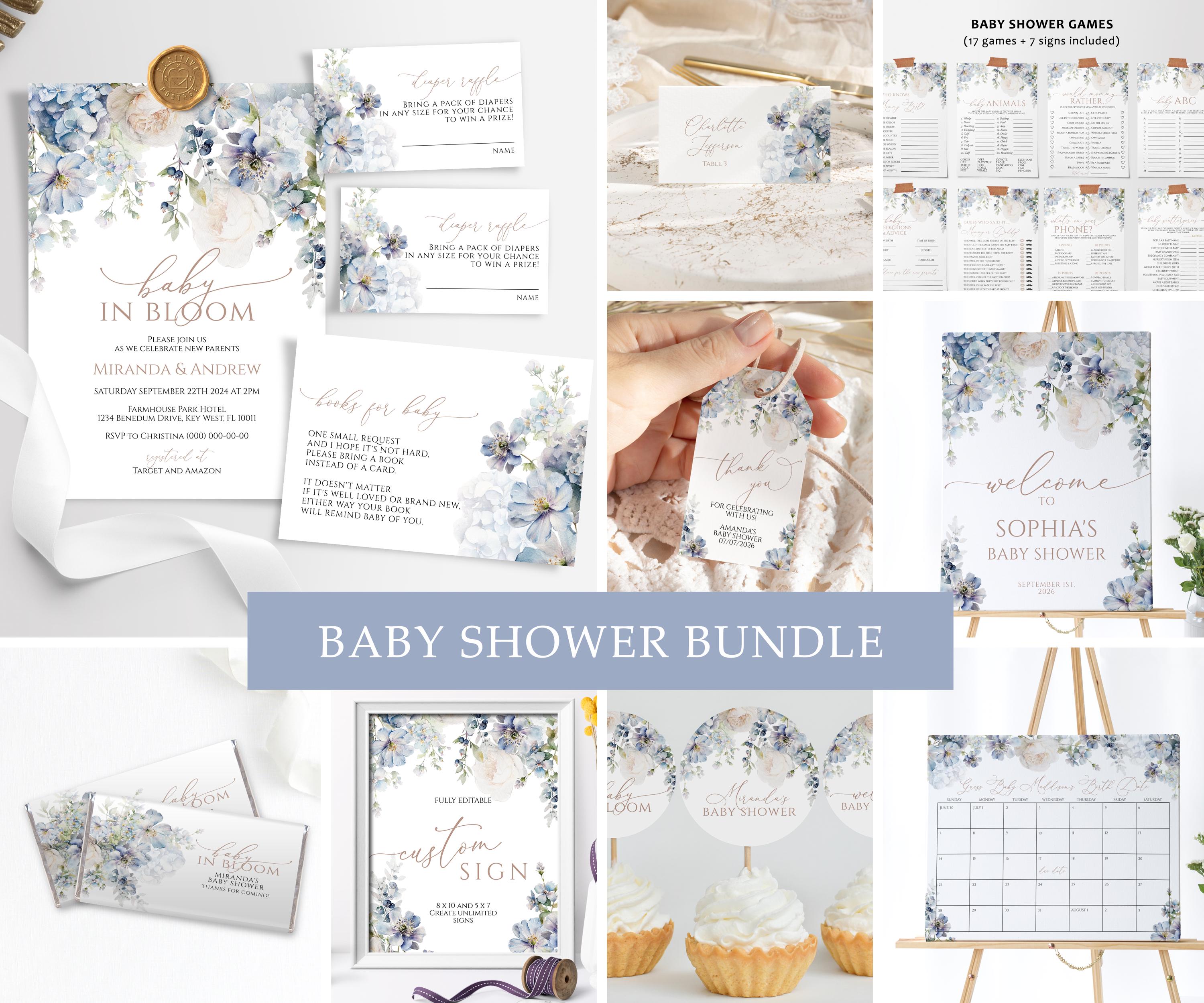 Baby in Bloom Shower Invitation Bundle | EDITABLE Boho Dusty Blue Floral Template | Printable Elegant Blue Hydrangea Invitation and Games