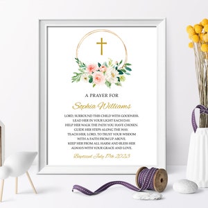 Taufe Gebetszeichen für ein Mädchen, EDITIERBARE Vorlage, personalisierte Gebetskarte, grüne Blumen druckbare Taufe, Blumen INSTANT DOWNLOAD