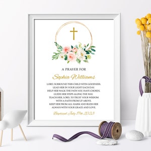 Baptism Prayer Sign for a Girl, EDITABLE Template, Personalized Prayer Card, Greenery Floral Printable Christening, Flowers INSTANT DOWNLOAD