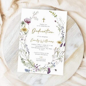 Invitation de dévouement de fleurs sauvages | Modèle MODIFIABLE | Faire-part de baptême imprimable fleurs sauvages de pavot rouge | Carte de baptême floral jaune