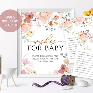 Wildblumen-Wünsche für Baby-Zeichen und Grußkarten, EDITIERBAR, druckbare Boho-Duschaktivität, rote & rosa Blumen Mädchen Brunch, Blumenkarte