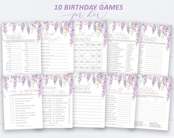 Purple Wisteria Birthday Games | Elegant Floral, Adult Party (EDITABLE Template)
