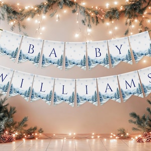 Blue Winter Alphabet Banner Template | Editable Printable Boy Baby Shower Decorations | Watercolor Pine and Snowflake Flags | Christmas