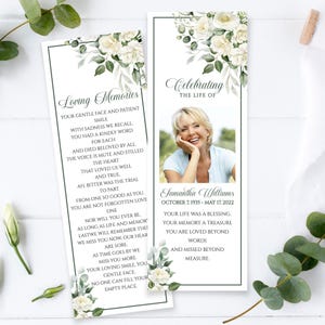 de marque-page funéraire fleurs blanches | Roses blanches MODIFIABLES et cadre vert | Souvenir imprimable du service commémoratif | Célébration de la vie