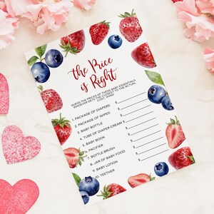 Strawberry & Blueberry The Price is Right Game | Editable Summer Fruit Baby Shower Template | Printable Boho Floral Game | Rustic Design