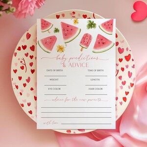 Jeu de prédictions et conseils pour bébé pastèque | Activité de baby shower d'été imprimable modifiable | Carte souvenir thème tropical Cutie