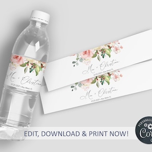 Hochzeit Wasserflaschenetikett, EDITIERBARE Vorlage, druckbares rosa Blumenetikett, benutzerdefiniertes Wasserflaschenetikett, Brautparty, INSTANT DOWNLOAD