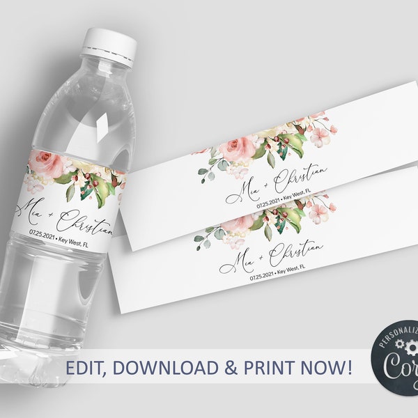 Wedding Water Bottle Label, EDITABLE Template, Printable Blush Pink Floral Label, Custom Water Bottle Label, Bridal Shower, INSTANT DOWNLOAD