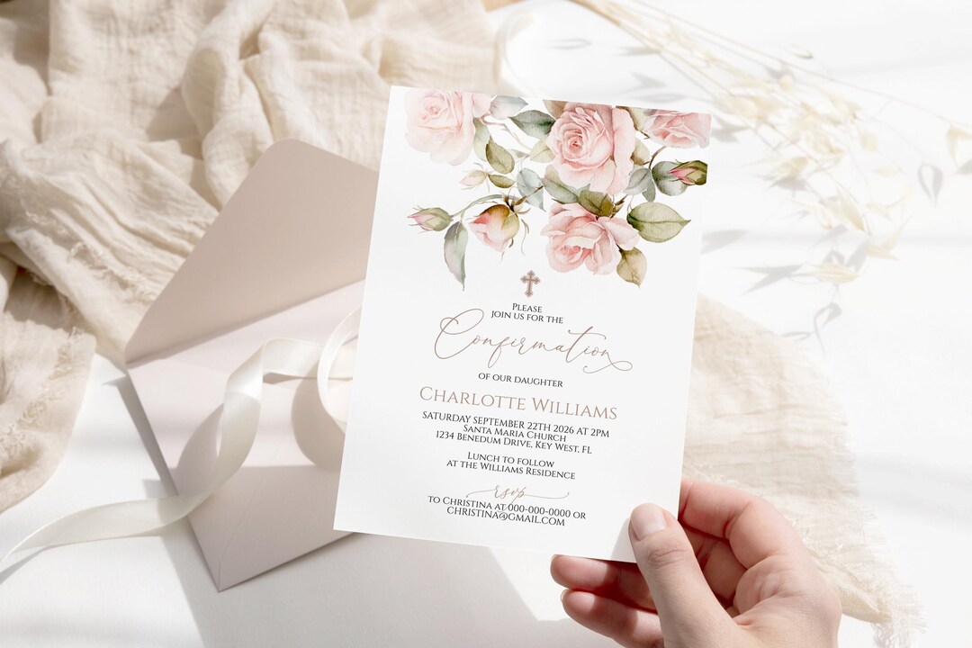 Gentle Rose Flowers Confirmation Invitation | Boho Blush Pink Flowers ...