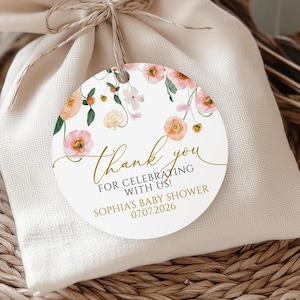 Pfirsich & Blush Blumen Favor Tag | EDITIERBARE runde Goldakzente Danke Aufkleber Vorlage | Druckbare Mohn Blumen Braut Favor Tag | Schätzchen