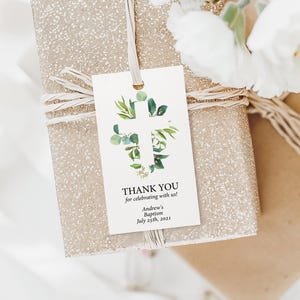 Grünes Kreuz Taufe Gunsten Anhänger | EDITIERBARE Greenery Floral Widmung Vorlage | Printable Junge Dankeschön Tag | Sofort Download