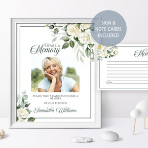 Ensemble de partage de roses blanches, modèle MODIFIABLE, signe de célébration de la vie imprimable, carte de service commémoratif de fleurs d'eucalyptus et de roses