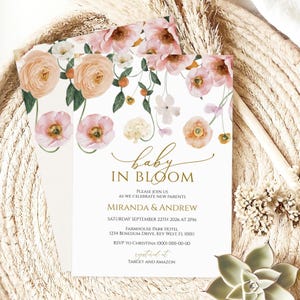 Pfirsich & Blush Blumen Baby in Bloom Einladung | EDITIERBARE druckbare Mohnblumen-Babypartyvorlage | Goldakzente Baby Sprinkle