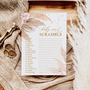 Pampas Grass Baby Wort Buchstaben-Rätsel, EDITIERBARE Vorlage, druckbare Blush Pink Blumen Baby Brunch Aktivitäten, Boho & Gold Glitter Karte