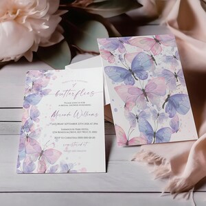 Invitación de despedida de soltera con diseño de mariposa en tonos rosa ruborizado y morado, editable e imprimible, plantilla de invitación con temática de naturaleza bohemia elegante