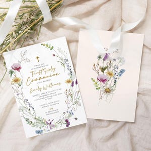 première invitation de communion de fleurs sauvages | Modèle MODIFIABLE | Faire-part de baptême imprimable coquelicot rouge | Carte de baptême floral jaune