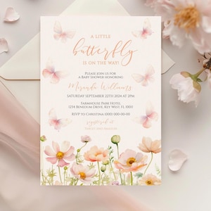 Uitnodiging babyshower vlinder is onderweg | BEWERKBARE roze & perzik wilde bloemensjabloon | Afdrukbare babyhagel met boho-natuurthema