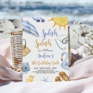 Invitación de cumpleaños "Splish Splash" / Plantilla de cumpleaños con diseño de niño de verano imprimible y editable / Tarjeta de playa azul / Invitación de cumpleaños
