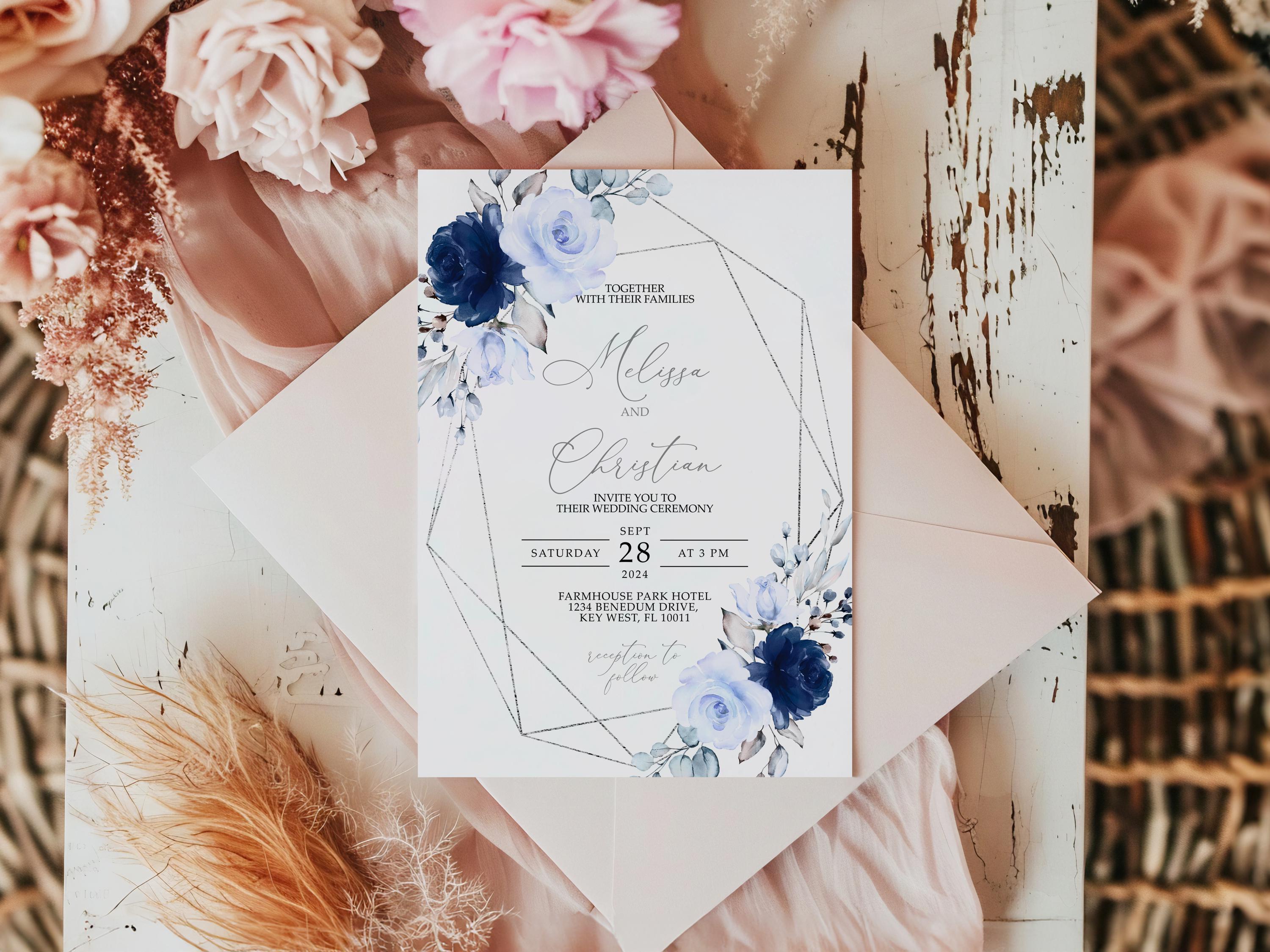 Invitación de boda floral azul marino: elegante marco plateado (plantilla  editable) - Etsy México, image size:3000x2250