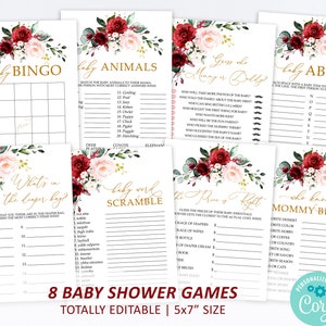Juego de baby shower con flores en color rosa rubor y marsala, plantilla EDITABLE, paquete de juego elegante para baby shower, paquete imprimible para niñas en burdeos y dorado