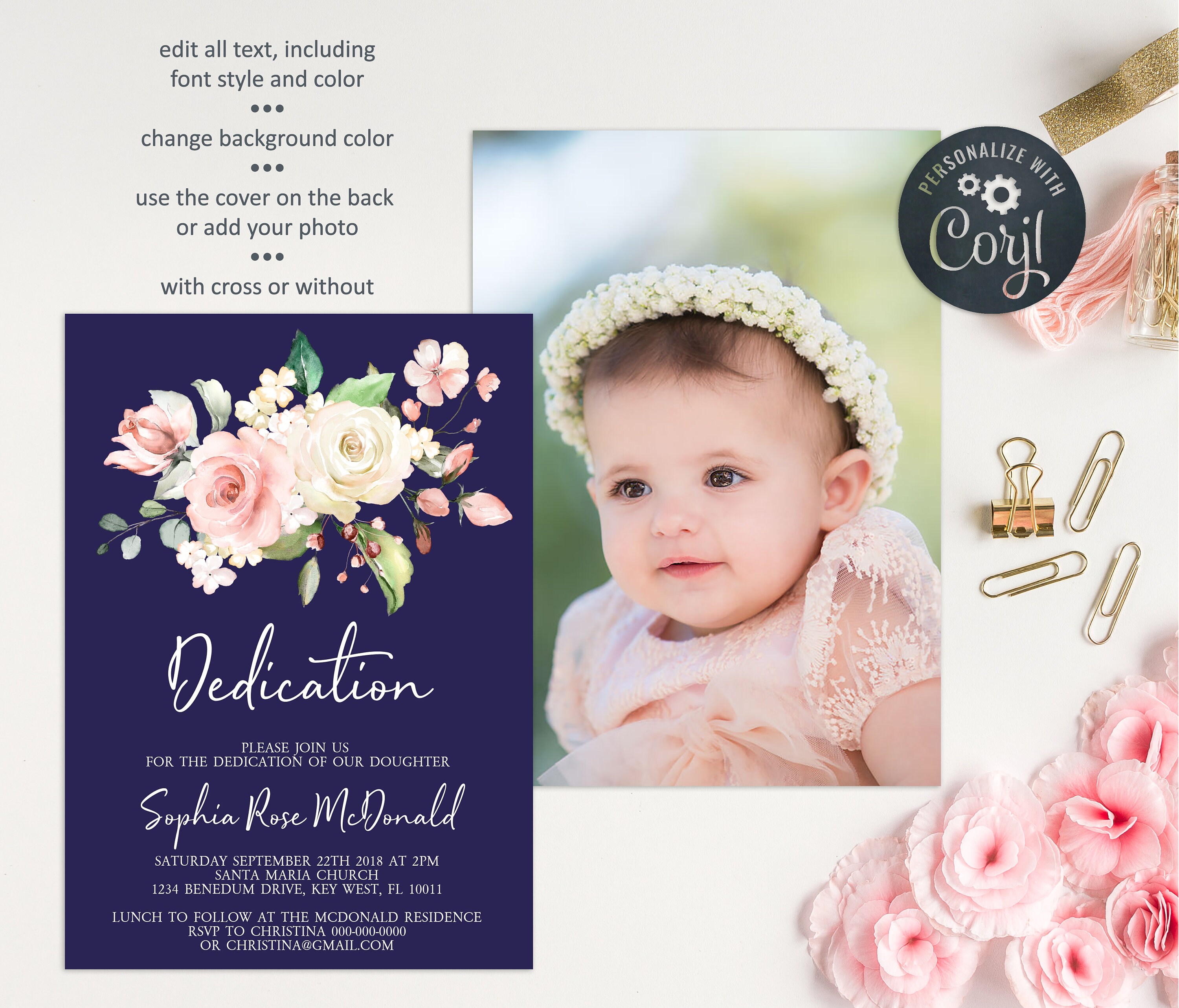 EDITABLE Dedication Invitation Template Blush Pink Floral Etsy Australia