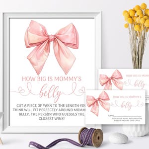 Blush Pink Bow Qual o tamanho da barriga da mamãe | Jogo de chá de bebê para impressão EDITÁVEL com placas e cartões de resposta | Fita rosa aquarela para bebê