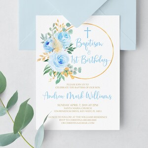 Blaue Blumen Taufe und erste Geburtstagsparty Einladung, EDITIERBARE Vorlage, Blaue Rose & Gold druckbare einladen, Boho Blumen Baby Boy