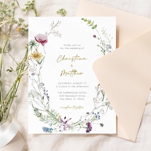 Convite de casamento de flores silvestres | Modelo de flores silvestres de papoula vermelha para impressão DIY EDITÁVEL | Convite de casamento floral amarelo | BAIXAR