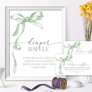 Salbei-grüne Schleife-Babyparty-Windel-Verlosungsschild und Gewinnspielkarten | EDITIERBARE Aquarell Ribbon Vorlage | Druckbares Windel-Verlosungsspiel