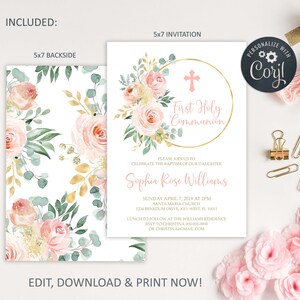 EDITABLE First Holy Communion Invitation Template, Blush Pink Floral Printable Baptism Invite, Girl Dedication Invititation,Instant download image 3