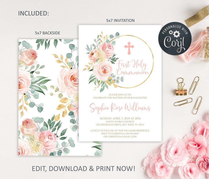 EDITABLE First Holy Communion Invitation Template, Blush Pink Floral Printable Baptism Invite, Girl Dedication Invititation,Instant download image 3