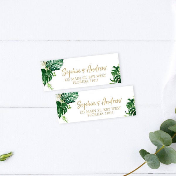 Tropical Greenery Address Label, EDITABLE Template, 2.625"x1" Label Size, Small DIY Printable Sticker, Palm Leaves & Gold Instant Download