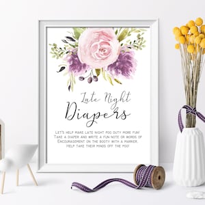 Lavender Baby Shower Game Sign, Boho Printable Baby Shower Game, Late Night Diapers, Girl Floral Baby Shower Activities, Instant Download