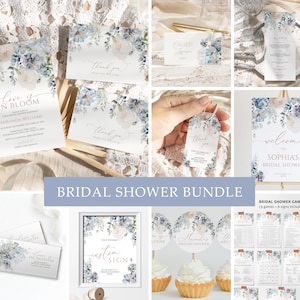 Elegant Blue Hydrangea Bridal Shower Invitation Bundle | EDITABLE Dusty Blue Flowers Template | Printable Shower Invitation Games Decoration
