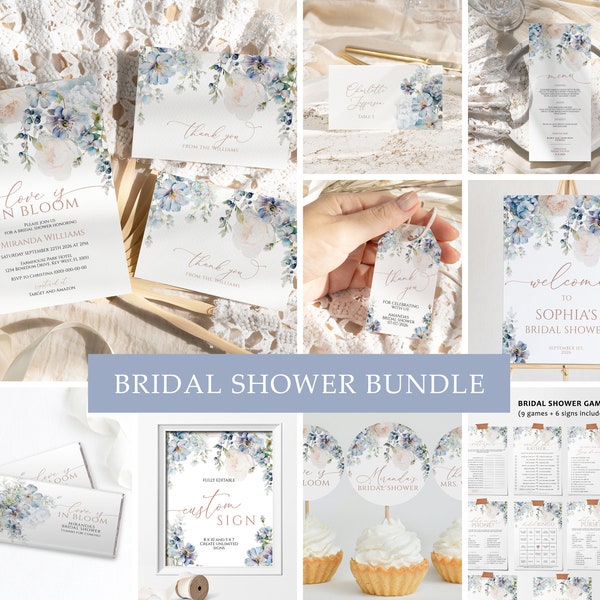 Elegant Blue Hydrangea Bridal Shower Invitation Bundle, EDITABLE Dusty Blue Flowers Template, Printable Shower Invitation Games & Decoration