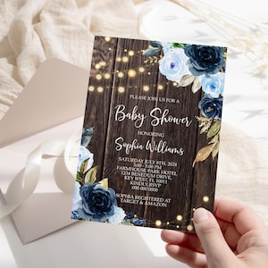 Rustieke bloemenuitnodiging babyshower | 100% bewerkbare sjabloon | Boho afdrukbare babyshoweruitnodiging | Hout- en marineblauwe jongenskaart |DOWNLOAD