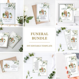 Puede incluir: Un paquete de plantillas de programa de funeral con un diseño floral blanco. El paquete incluye un programa, una tarjeta conmemorativa, una tarjeta de agradecimiento, un marcapáginas conmemorativo y una pantalla de teléfono móvil. La plantilla es editable y cuenta con un espacio reservado para una foto.