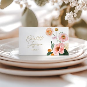 Plaatskaarten met perzikkleurige bloemen | BEWERKBARE sjabloon | Afdrukbare klaproos bloemen naam plaatskaart | Bruids, boho-shower, bruiloft