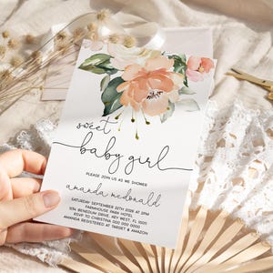 Peach Rose süße Baby-Einladung, EDITIERBARE Vorlage, Greenery druckbare Babyparty-Einladung, Boho Blumen Brunch-Karte, Blush Pink Floral