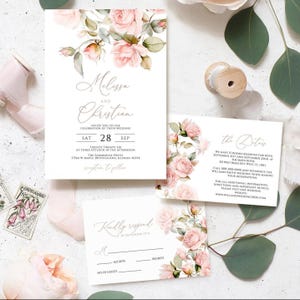 Invitación de boda con rosas delicadas / Plantilla floral editable con rosas ruborizadas / RSVP, detalles y programa imprimibles / Suite de boda elegante