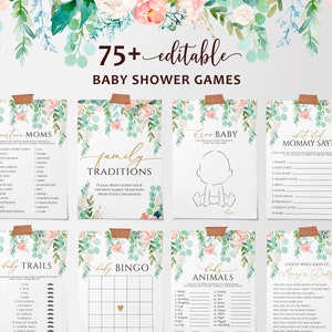 Greenery 75+ Baby Shower Games | EDITABLE Template | Green & Pink Floral Printable Girl Baby Shower Games Bundle