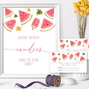 Hoeveel snoepjes zitten er in de pot? Spel | Bewerkbare watermeloen babyshower-spelset | Afdrukbare bord- en antwoordkaarten Summer Baby Bash