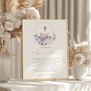 Panneau de prière de baptême floral rose et violet pour fille | Modèle de carte de prière personnalisée MODIFIABLE | Plaque de baptême rehaussée d'argent | TÉLÉCHARGER