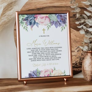 Segno di preghiera per il battesimo succulento / Modello MODIFICABILE / Scheda di preghiera personalizzata / Stampabile floreale rosa cipria per il battesimo di una bambina / SCARICA