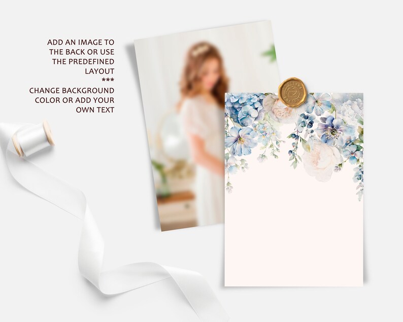 May include: A white card with a blue and white floral design and a gold wax seal. The card has a blank space for text. The background is a light pink color.