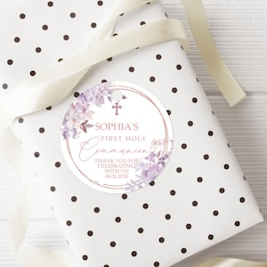 Lila Blumen erste Kommunion Dankeschön Tag | EDITIERBARE Vorlage | Runde Rosenblumen für Aufkleber | Rose Gold Rahmen Taufe Printable