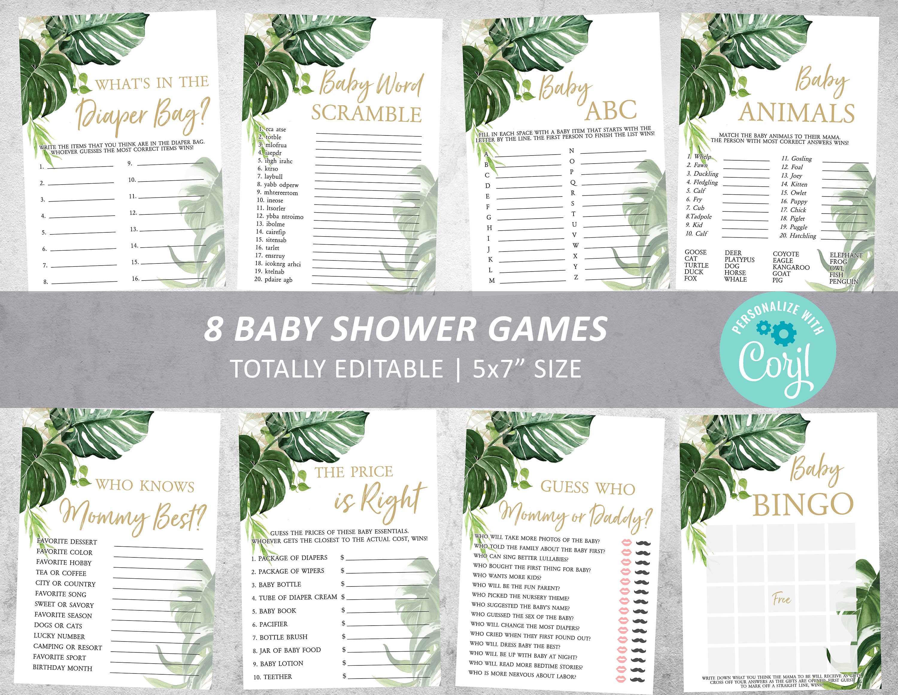 Tropical Baby Shower Game Set 100 EDITABLE Greenery Games Etsy